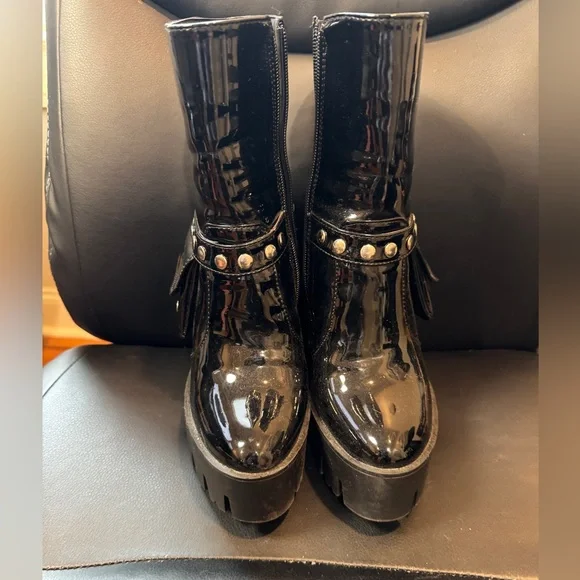 Studded Black Patent Leather Combat Boots - Picture 1 of 5